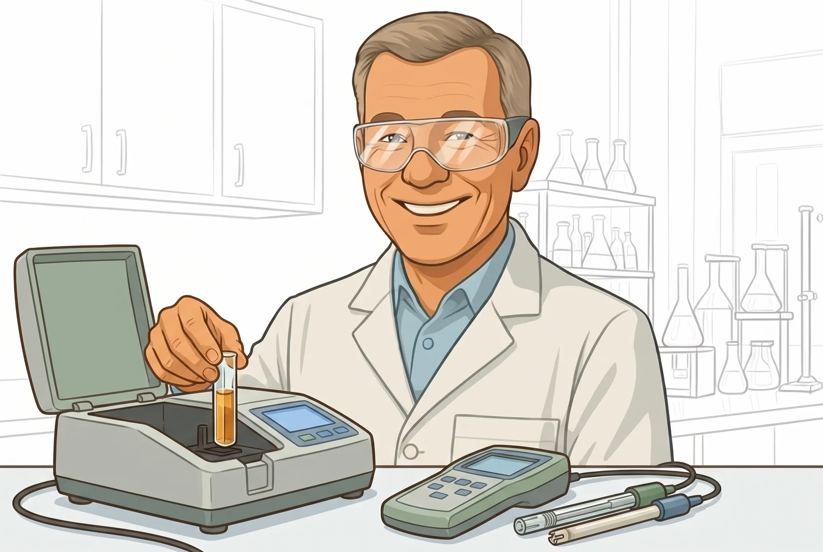 Technolog TALMEX wykonuje oznaczenie na spektrofotometrze laboratoryjnym