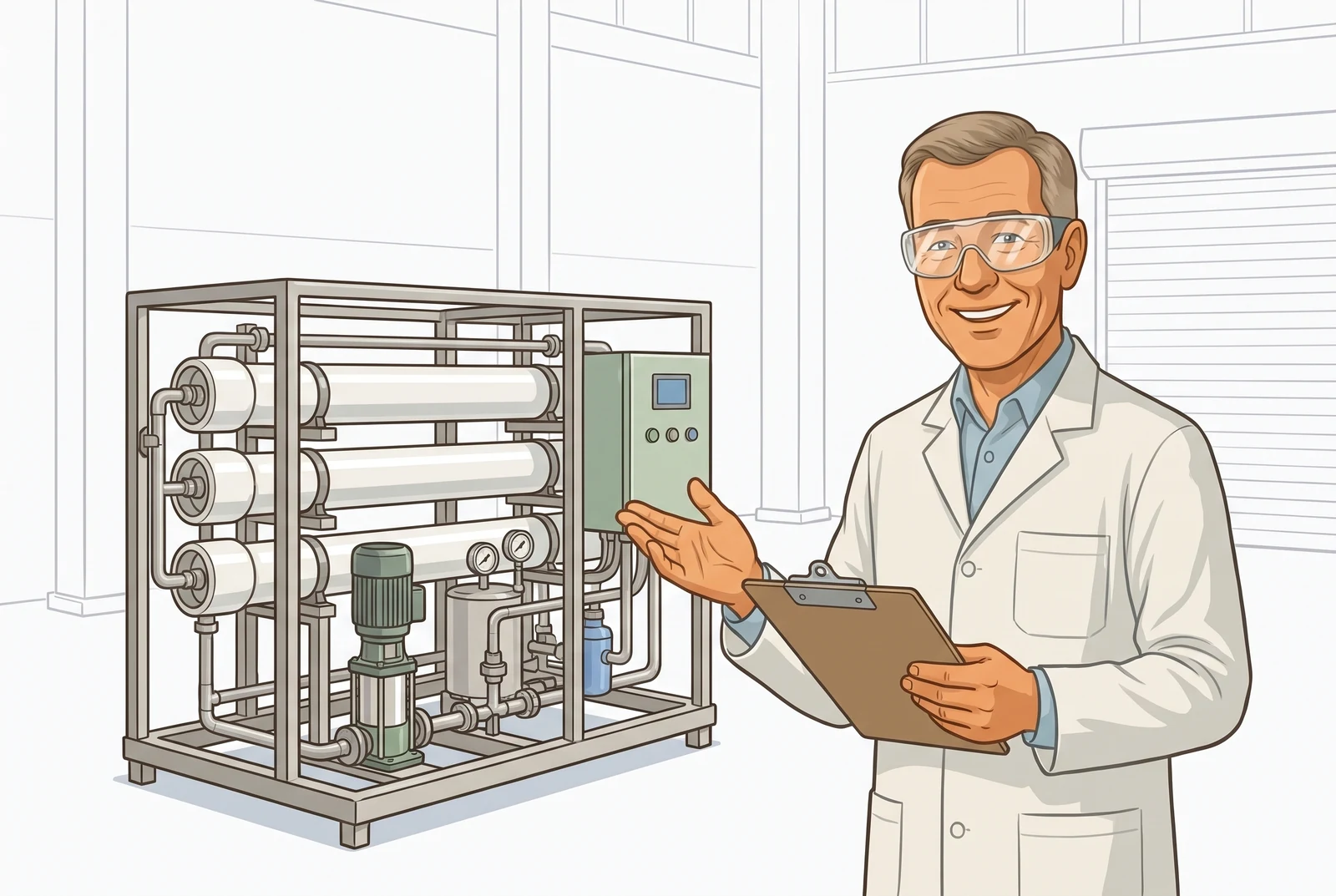 Technolog TALMEX przy skidowej instalacji pilotowej z modułami membranowymi