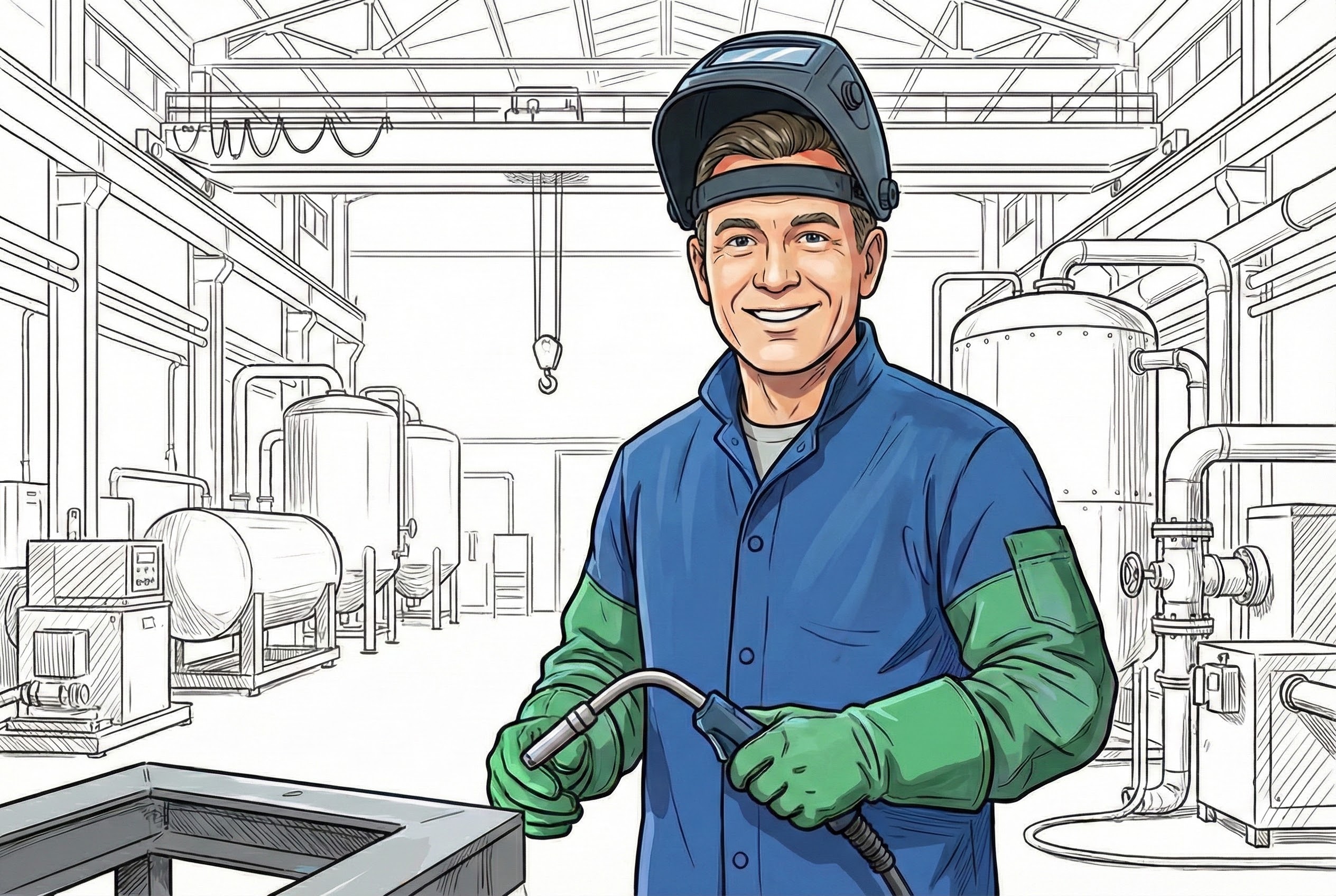 Pracownik spawający element instalacji